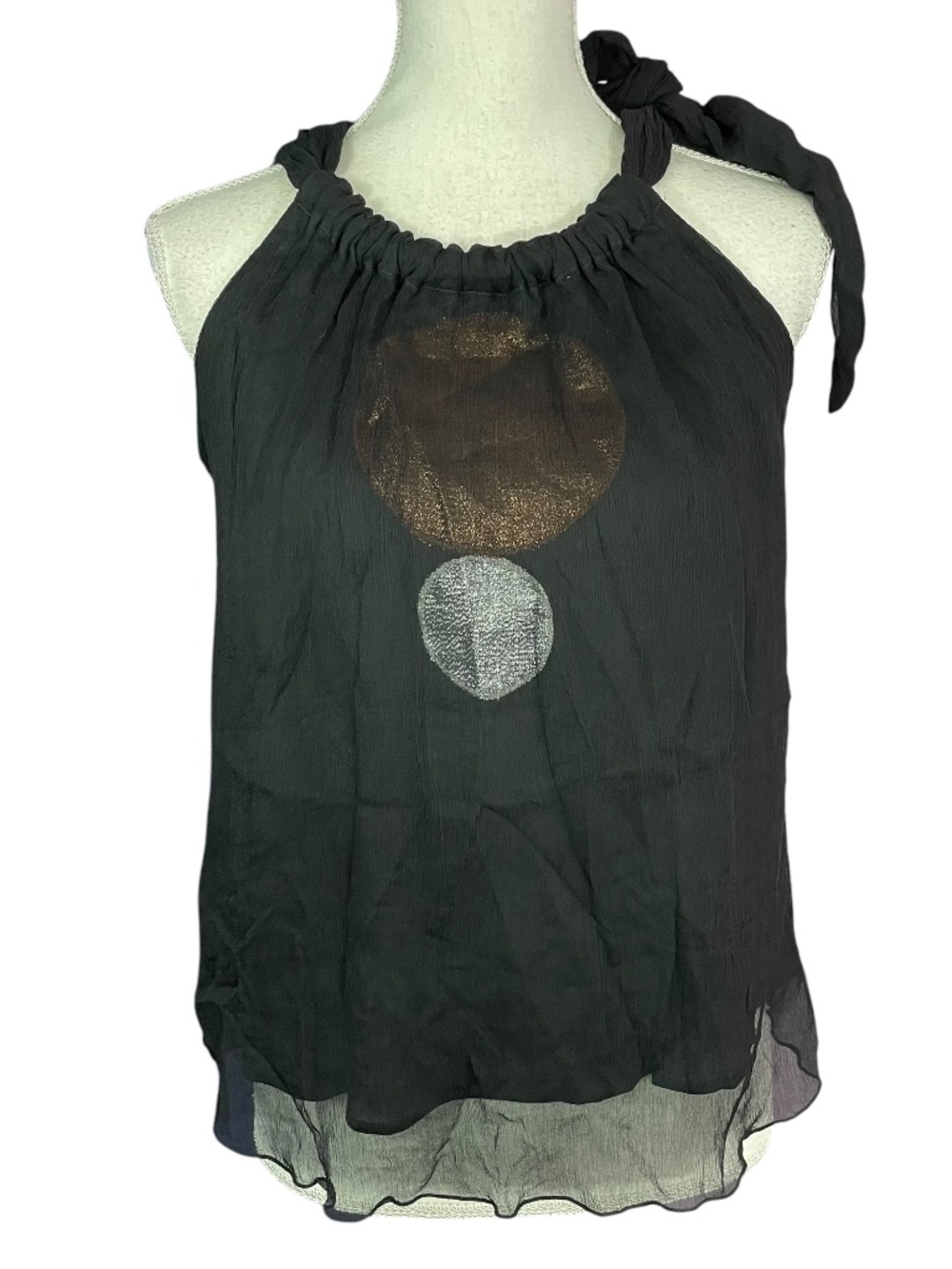 Easton Pearson Silk Halter Top 10 Tie Neck Black Metallic Full Moon Sleeveless